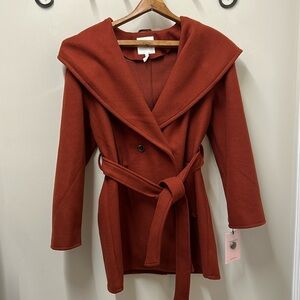 AVEC LES FILLES Womens Coat M Rust Orange Belted Hooded Fall Coat Cozychic NWT